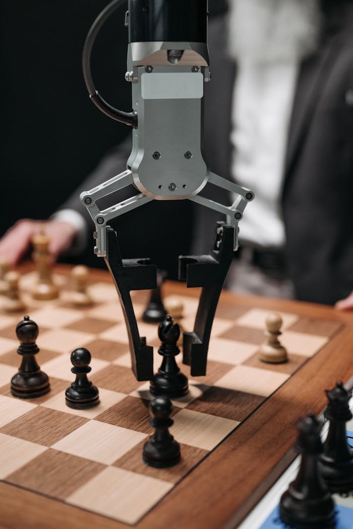 Futuristic AI robot arm making chess move during a game with a human player.